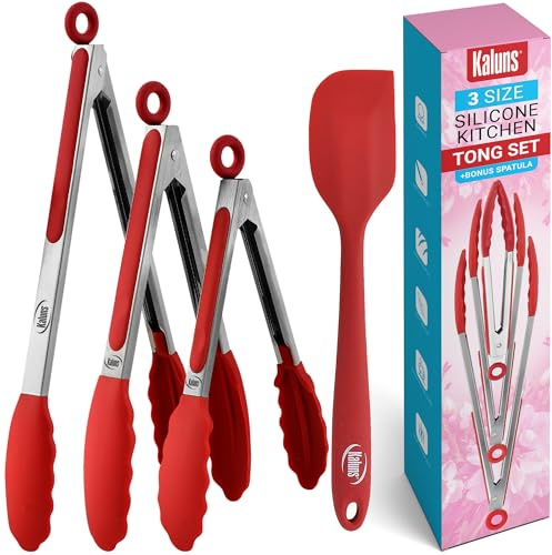 Kaluns Kitchen Tongs for Cooking Grilling Set of 4, BBQ Grill Tongs With Silicone Tip Stainless Steel Heat Resistant, Non-stick Pull Lock, Incl 7, 9, 12 Inch Tong Plus a Silicone Spatula