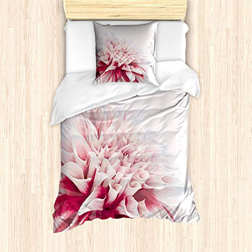 ABAKUHAUS Dahlie Bettbezug Set für Einzelbetten, Close up Blumenblüte, Milbensicher Allergiker geeignet mit Kissenbezug, Ruby-Elfenbein-Weiß