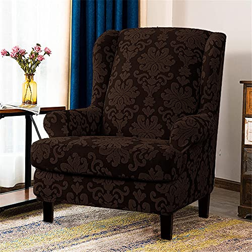 Highdi 2 Teilig Ohrensessel Überzug, Jacquard Sessel-Überwürfe Ohrensessel Schonbezüge Bezug Sesselhusse Elastisch Stretch Tiger Stuhlbezug mit Armlehne Hohe Rückenlehne Universal (Braun)