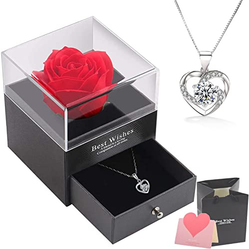 Scatola regalo fatta a mano con rose conservate, Confezione Regalo di Gioielli in Rosa con Collana, regali san valentino per lei - Rosa Eterna per Festa della Mamma/Anniversario/Compleanno per Donne