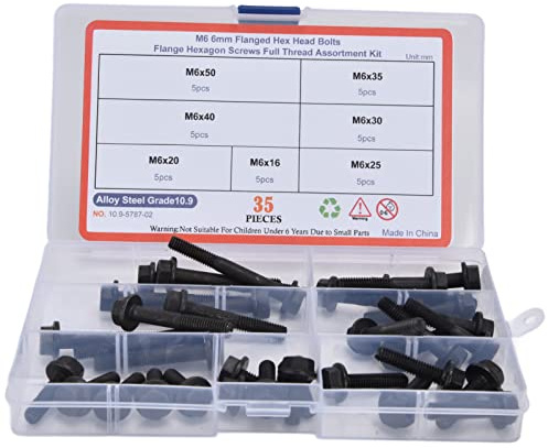 35-teilige M6 Flanschschraube, 10.9 Level Karbonstahl Sechskantschrauben, Flanschschrauben-Sortiment-Set Schwarz für Industrielle Fertigung und Outdoor-Reparaturen