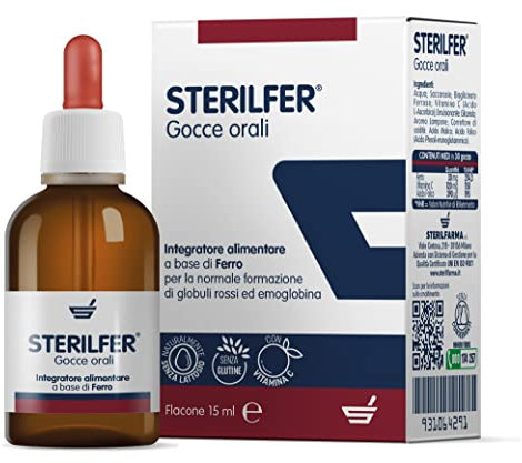STERILFER - IN CASO DI CARENZA DI FERRO - integratore alimentare IN GOCCE con Acido Folico e Vitamina C, INDICATO DALLA NASCITA SENZA CONSERVANTI, GLUTINE E LATTOSIO flacone da 15 ml(microemulsionato)