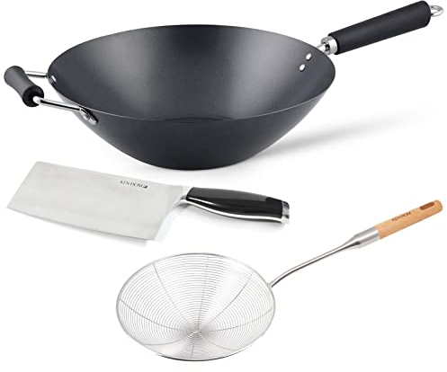 Ken Hom Antihaft Wok 35 cm Induktion aus Karbonstahl mit Gegengriff - 3-tlg. Stielwokpfanne für Gas, Elektro & Glaskeramik - inklusive Edelstahl Schaumlöffel und 18 cm Hackmesser