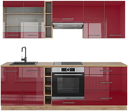 Vicco Küchenzeile Fame-Line, Bordeaux Hochglanz/Goldkraft Eiche, 235 cm | 9 Module · Höhenverstellbare Füße · Ohne Arbeitsplatte · MDF-Fronten · Softclose · Metallgriffe