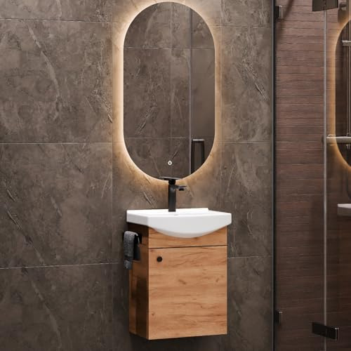 Planetmöbel Ensemble de Meubles de Salle de Bains Lavabo avec Meuble Bas 45 x 60 x 33 cm, Miroir avec éclairage 50 x 90 cm pour Salle de Bains et WC invités, chêne doré