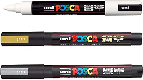 Posca Water Based Permanent Marker Paint Pen - Multi Surface Use - PC-5M, 1.8-2.5mm - White, Silver & Gold Ink - Pack of 3