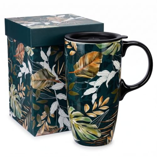 DUSVALLY 500ml Ceramic Travel Mug with Lid, Tropical Botanical Coffee Mug, Monstera Leaf Tea Cup with Handle, Microwave & Dishwasher Safe, Gift Box Included
