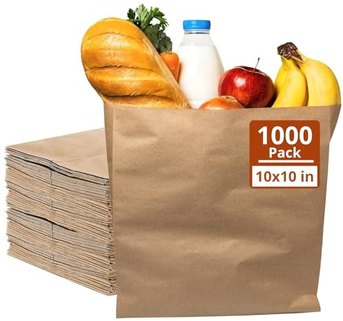 Mega Packaging 1000 Brown Kraft Paper Bags (10'' x 10'') - Home Kitchen Food Storage - Flat Strung Fruit - Grocery Takeaway Picnic School Office Lunch - Eco Friendly