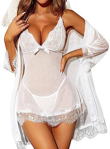 RSLOVE - Babydoll sexy para mujer, vestido de noche, lencería con G-String, conjunto de lencería de encaje femenino, 3 piezas, blanco, L
