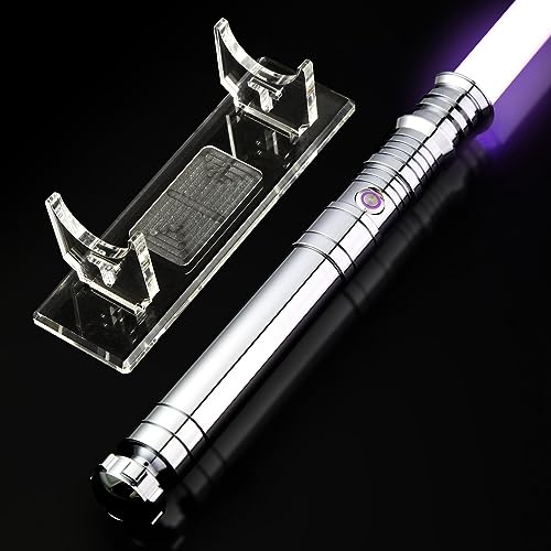 AthlChamp Motion Control Heavy Dueling Lightsaber for Adults, Dueling Light Saber with Heavy Duty Metal Hilt & Thick PC Blade & 16 Sound Fonts & 12 RGB Colors & Acrylic Saber Stand - Silvery