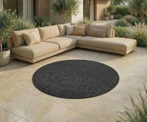 Jimri In- & Outdoor Teppich - Wetterfester Teppich für Balkon, Terrasse, Garten, Wohnzimmer, Küche - Strapazierfähiger Bodenteppich, Widersteht UV-Strahlen & Wasser - Größe 120 cm Rund, Anthrazit