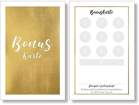 Frank Paperman® | 200x Bonuskarte für Kunden mit funkelnder Goldprägung | 10er Bonus Treuekarten zum Abstempeln | goldene Stempelkarten | gold loyalty card