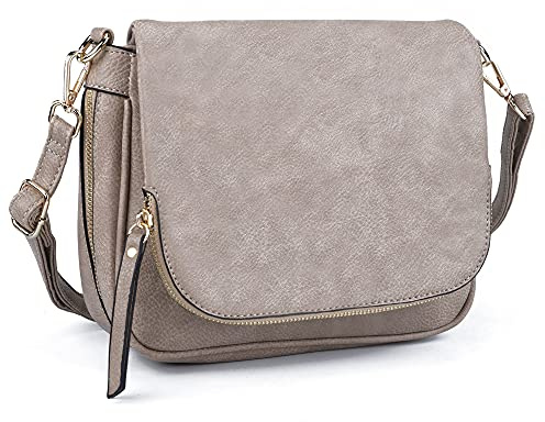 Umhängetaschen für Damen, kleine Umhängetasche aus PU-Leder, mit Überschlag und mehreren Taschen., Hellgrau