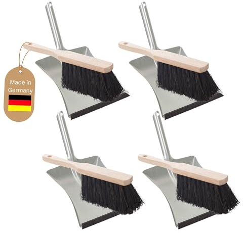 Novaliv 4X Kehrblech Set Kehrblechgarnitur Handfeger Arenga Borsten Kehrblech mit Gummilippe Silber verzinkt Kehrblechbesen zum Aufkehren Handkehrset Kehrblechset Kehrschaufel Feger und Kehrblech