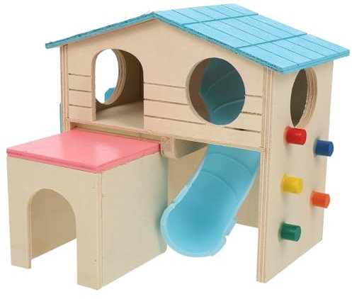 POPETPOP Hamsterhaus Aus Naturholz Mit Kletterleiter Rutsche Und Glocke Spielhaus Für Hamster Mäuse Und Kleine Kleintiere Blauer Holzspielplatz