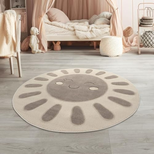 TT Home Kinderteppich Kinderzimmer Teppich Spielteppich Kurzflor Sonne Flauschig 3D, Farbe:Dunkelbeige Creme, Größe:160 cm Rund