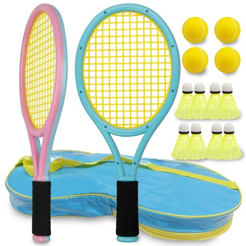 Ppbmocw Kids Tennis Rackets For Toddler Over 3 Years Old, Kids Tennis Set Including 8 Badmintons, 4 Foam Balls And 1 Carrying Bag