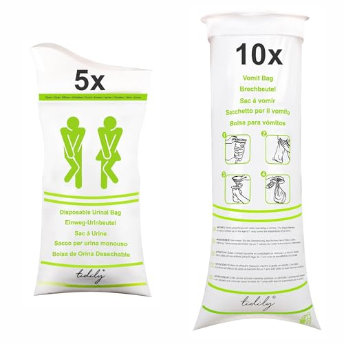 tidily Set mit Urinbeutel und Spucktüten - Einweg-Urinbeutel - Notfall-Pinkelbeutel – Tragbares Urinal und Kotzbeutel fürs Auto, Reise - Für Männer, Frauen, Kinder - 5 Urinbeutel und 10 Kotzbeutel