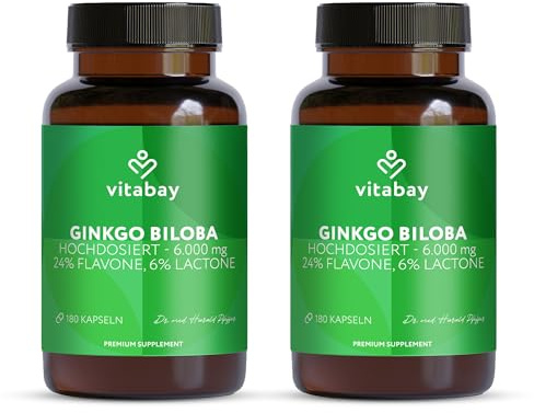 Vitabay Ginkgo Biloba 6000 mg | 360 Kapseln | Zeitoptimierte Abgabe | Mit 24% Flavone & 6% Lactone | Laborgeprüft & hergestellt aus hochwertigen Rohstoffen