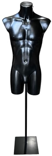 Manichino da uomo nero per abbigliamento sportivo, busto per abbigliamento da uomo, costumi da bagno, moda e accessori per la spesa, fornito con supporto da pavimento in metallo nero