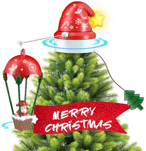 Clemas Animierter Musikalischer Weihnachtsbaumspitzenstern–Rote Weihnachtsmütze Weihnachtsdekoration,Mehrfarbiger Drehender Baumspitzenstern Mit Fernbedienung,Geeignet für Weihnachtsdekoration