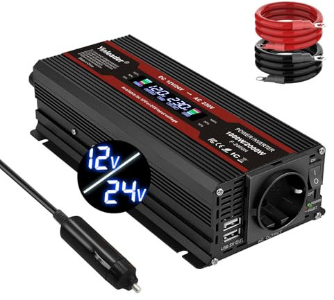 Yinleader 2000W Wechselrichter 12V/24V auf 230V LCD 1 EU Steckdosen 2 USB Spannungswandler mit Zigarettenanzünder