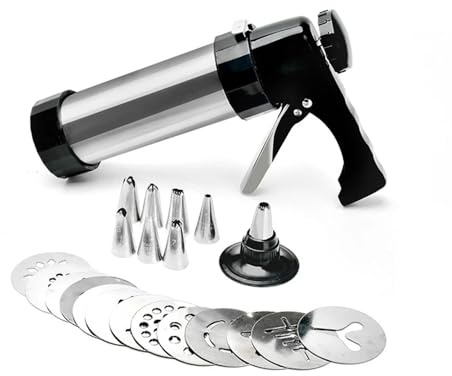 ZGXNYI Seringue à Garnir en Acier Inoxydable Cookie Press Kit Biscuits Maker Sets with 13 Cookie Press Molds 8 Pastry Piping Nozzles Cake Decorator Sets Seringue à GâTeau