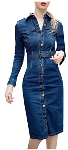 Long Denim Dresses for Women UK | Long Sleeve Button Front Shirt Denim Midi Dress Blue Denim Tie Waist Dress Lapel Neck Business Slim Bodycon Casual Work Wear Business Office Formal Outwear