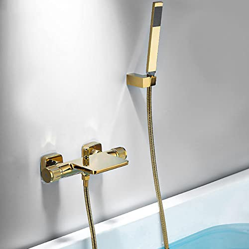 QTANZIQI Badewanneneinlauf-Wasserfall-Mischbatterie, Badezimmer, heißes und kaltes Wand-Badewannen-Wasserhahn mit Duschset, verdoppelt Handbrause, Chrom (Gold)
