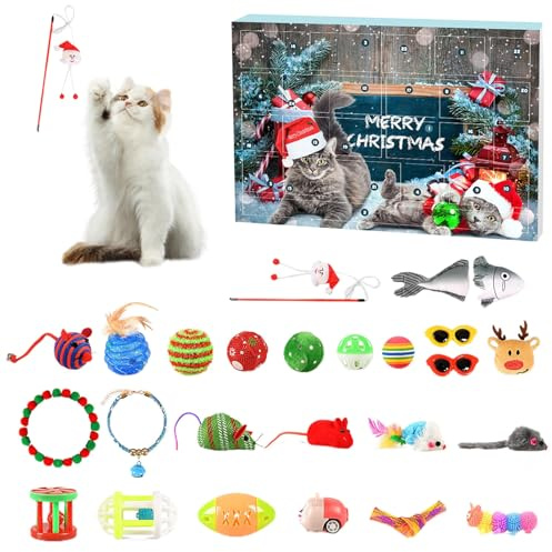 Katzen Adventskalender 2024, Katzenspielzeug Weihnachts Adventskalender 24 Katzenspielzeuge Weihnachtskalender Interaktives Kätzchenspielzeug Katzen Bälle Adventskalender 2024 für Katzen (B)