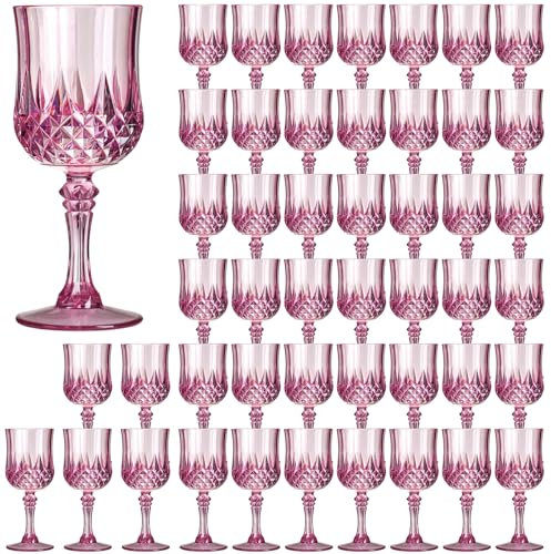 XKXKKE 48 Pcs Pink Plastic Wine Glasses, Pink Plastic Goblets for Parties, Pink Drinking Glasses for Wedding Reception, Grand Event Party Supplies