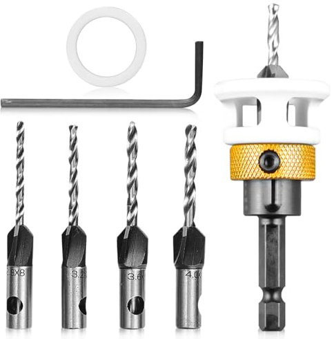 WANDGU Spiralborrset: 6 stycken exakta spiralborrar för trä och plast, effektiv spåntransport, med försänkare och skiftnyckel (2,8 x 8 mm, 3,2 x 8 mm, 3,5 x 10 mm, 4 x 10 mm)