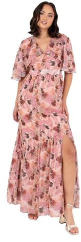 Lovedrobe Dam maxi klänning dam cape ärm v-ringad ruffle rosett slips bälte asymmetrisk söm blommig a-linje bröllop gäst tillfälle, rosa puder 42, Blush Pink, 40