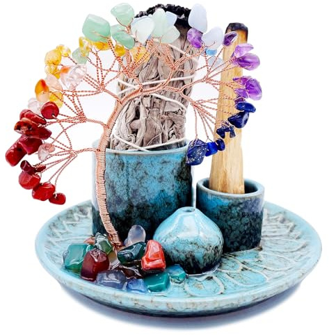 YIENENG 5 in 1 Incense Burner Holder with Crystal Healing Tree, Palo Santo & Sage Holder, Ceramic Tray Ash Catcher, Meditation Gift
