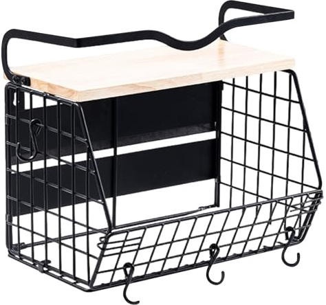 Licsaliwe Magnetic Shelf with Wood Lid, Heavy Duty Iron Magnetic Basket with 4 Hooks Fruit Spice Wall Basket for Kitchen Organization and Storage Pantry Storage, Shelf
