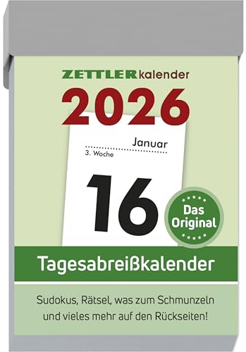 Zettler Tagesabreißkalender S 2026 – Abreißkalender 4 × 6 cm, 1 Tag pro Seite mit Sudoku, Rezepten, Rätseln & Tipps auf den Rückseiten, FSC-zertifiziert