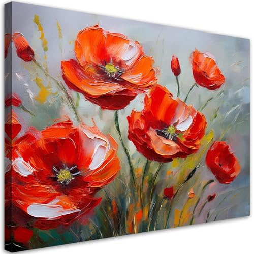 Feeby Leinwand Bilder - Rot gemalte Mohnblumen - Vlies 120x80 cm - Deko Wohnzimmer - Wandbilder Schlafzimmer - Deko Aesthetic - Wand Deko - Leinwand Groß - Deko Zimmer - Leinwandbilder XXL