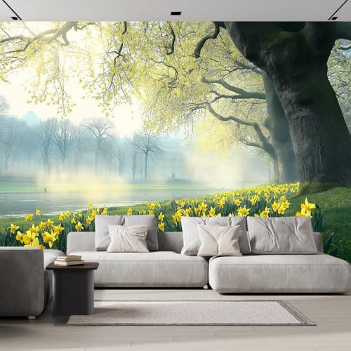 Murale En Papier Peint Photo, Nature Campagne Papier Peint Panoramique 3D Impression Fleurs Sauvages Brindilles,Jaune Décoration Murale Moderne 350×256cm Murale D'Enfant Chambre à Coucher Décoration