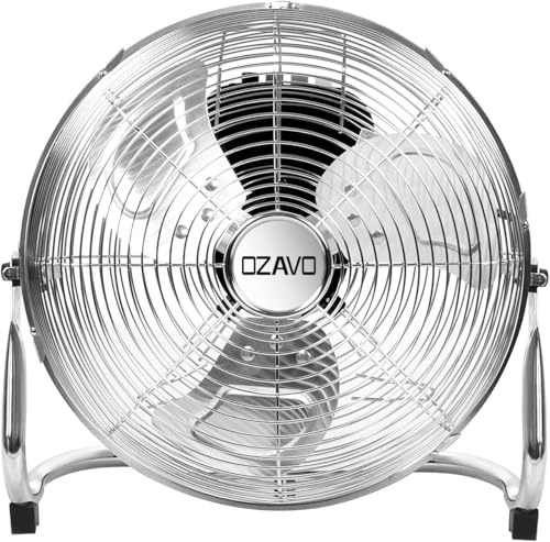 OZAVO Ventilatore da Terra Industriale in metallo, 3 Velocità, Potente 110W, Air Turbo per una Ventilazione Efficace per Soggiorno e Ufficio, Argentato