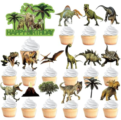 VARACL Kit di decorazioni per cupcake a forma di dinosauro, 31 pezzi, decorazioni realistiche di compleanno con striscione di buon compleanno, decorazioni per torte per bambini, ragazzi e ragazze