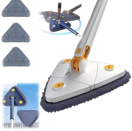 Upattend - Trapeador triangular giratorio de 360 grados, ajustable, con 3 almohadillas de repuesto para mojado y seco con mango largo extensible, mopa Upattend para limpiar paredes y techos (blanco)
