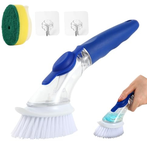 Vandicka Cepillo para Lavar Platos con dispensador de detergente | cepillo de cocina rellenable, 2 cabezales cepillo repuesto sin abrasión cepillo para lavar platos ollas fregaderos de cocina