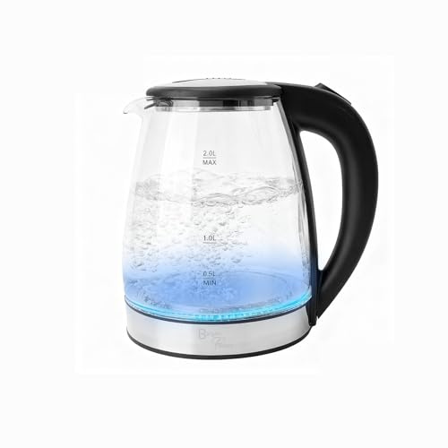 Bargain Factory Electric Kettle Glass 2L – 1800W Fast Boil, BPA-Free, Quiet Boil, Blue LED, No Plastic, Boil-Dry Protection, Black Electric Glass Kettle