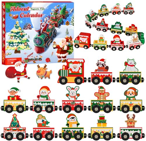 Adventskalender 2026 Weihnachtszug, magnetische Holzeisenbahn, 24 Tage Weihnachts-Countdown-Geschenk für Kinder, festliches Adventskalender-Spielzeug für Jungen und Mädchen im Alter von 3-12 Jahren