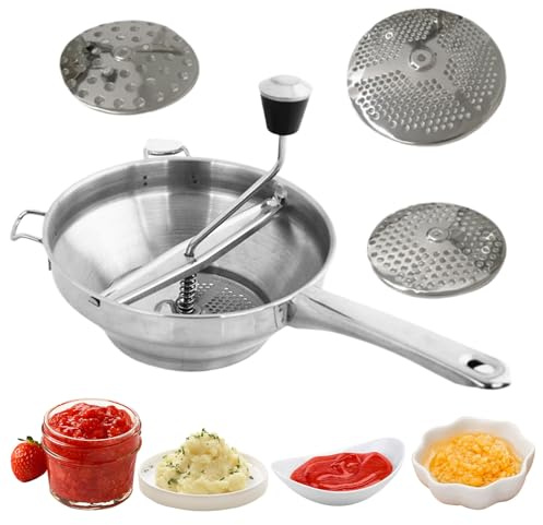 Molino de acero inoxidable – Chopper alimentario giratorio, herramienta de puré de torsión a mano | Tamiz manual Mash, mercerizante ergonómico con 3 discos para verduras, salsas, puré de frutas