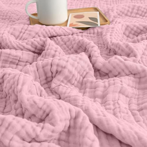 MeYuxg Couverture Gaze de Coton, 150 x 200 cm Plaid Coton Canapé, Couvertures 100% Coton, Usage 4 Saisons, couvertures en Mousseline pour Adulte, Couverture Été pour Lit, Canapé, Jeté de Lit (Rose)