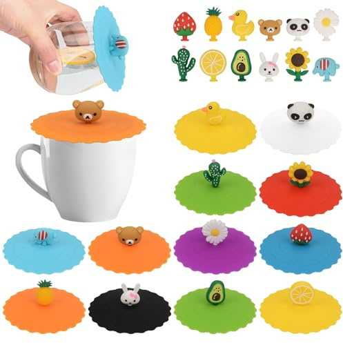 12 Piezas Tapa de Copa de Silicona, Cubierta de Taza de Antipolvo, Reutilizables, Antipolvo Linda Caricatura Tapas de Taza, para Tazas Café, Tazas de Té