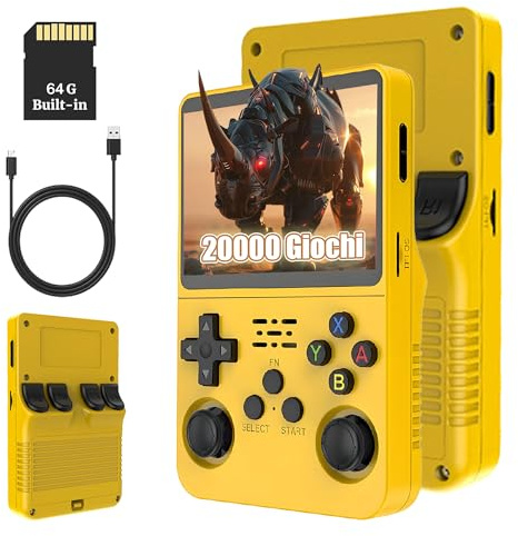 R36S Console di Gioco Portatile Retrò 64G, Console di Gioco Emulatore Portatile con 15000+ Giochi, Schermo IPS da 3,5 Pollici, Sistema Linux, Supporta Molti Emulatori, Joystick 3D (Giallo)