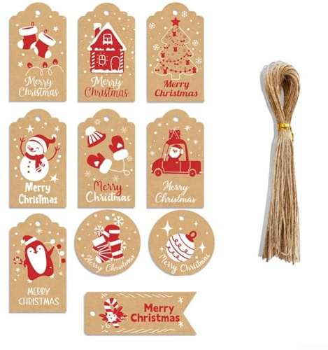 Weihnachtsanhänger mit Bindfaden, 50 Stück, Festliches Geschenk, Hängeetiketten aus braunem Papier für selbstgemachte Urlaubsgeschenk-Etiketten, umweltfreundliche Weihnachtsgeschenke mit Jute-Schnur