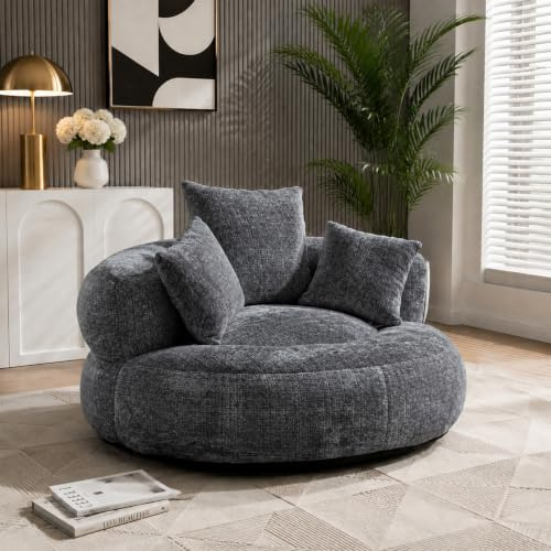 Lazy Sitzsack Sofa mit drei Kissen, Rund Relaxsessel Bean Bag für Erwachsene und Kinder, Einzelsessel Stuhl Indoor, Single Gaming Sofa Stuhl für Wohnzimmer Schlafzimmer Spielraum, Chenille Grau